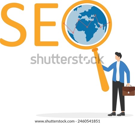 Concept of SEO, search engine optimization Ranking, businessman with magnifying glass analyzes data, adjusts search results, raises rating, increases traffic

