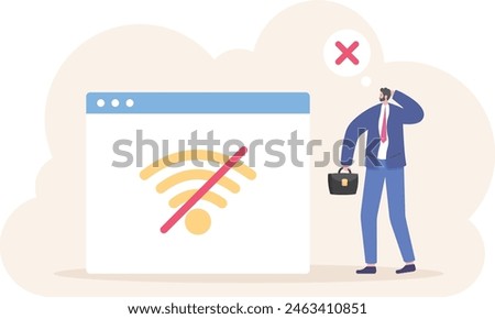 No internet connection, WiFi unavailable, the WiFi has no internet connection. a male user uses a laptop. confused because there is no wifi signal. problems and technology. illustration concept design