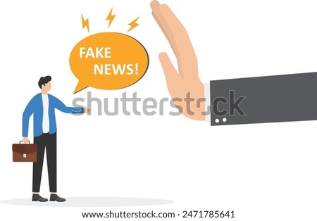 Fake news on mobile phone. Hand with gesture - stop hoax. Spreading fake news, lies in social media. Article in online press with disinformation and propaganda. Flat Vector illustration
