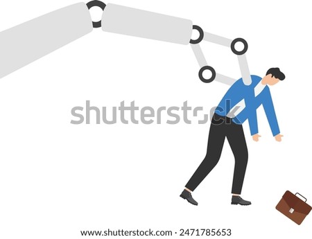 Giant robotic arm kick off businessman from cliff down, artificial Intelligence replaces in work human labor. Chatbot with AI has replaced humans, manager lost job due to robotics. vector illustration