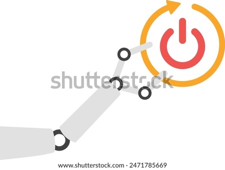Robot hand push big power button. Reboot operating system. Automatically turn on or turn off. Restart of electronics or computer. Chat bot or AI reboot. flat vector illustration
