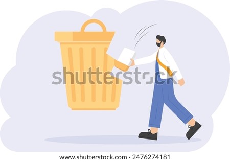 the concept of delete cache, junk, and cookies. illustration of a man using an eraser to erase the trash can. flat design. can be used for elements, landing pages, UI, websites
