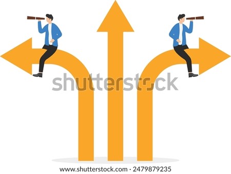 Business people with solving and decisions. Choice right way concept. Employees before choice. Smart workers and arrows point in different directions. Colleagues looking best career path. flat vector
