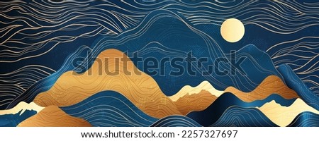 Night Moon and Mountains, abstract horizontal background design.Natural hills of gold and blue, in the collage technique.Prestigious art is suitable for print on the wall, invitation,packaging design