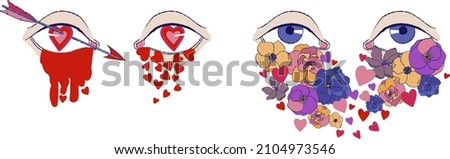 Cartoon eyes with hearts and flowers. Dropping flowers from eyes.  Hearts in eyes. Arrow in heart. Bloody eyes.