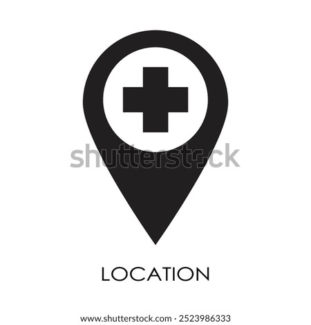 hospital location map pointer, cross icon with location pin, black filled symbol isolated on white background.