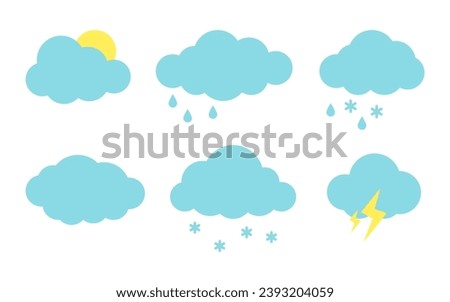 Weather cartoon icon set. Pictogram collection of meteorology signs. Climate flat illustrations of sun behind the cloud, snowy and rainy thunderbolt lightning clouds isolated on white