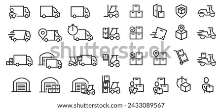 Set of Simple Package Delivery Related Vector Line Icons. Contains Icons such as truck, loading packages, forklift, and more. Editable stroke