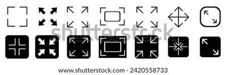 Full screen vector black icons. Set of full screen and exit full screen icon. Arrow mark icons. Scalability icons in flat style for web site, UI, mobile app. Vector illustration.