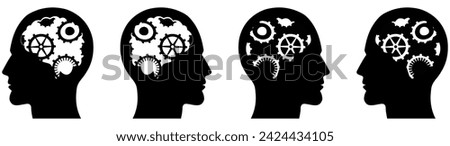 Machine Gears inside human head with Social Media Symbols Black Isolated on White Background Illustration.