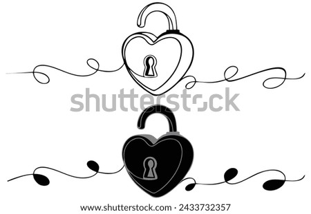 Hand drawn cute outline illustration of closed lock in heart shape. Flat vector abandonment of relationship, loneliness sticker in line art doodle style. Valentine's Day icon. Wedding vow. Isolated