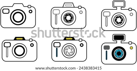 Photo Camera line art Set icon in Realistic design. Professional photography equipment. Black camera with lens and button. Creative design isolated on white background