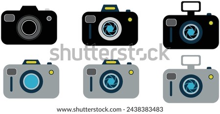 Photo Camera Set icon in Realistic design. Professional photography equipment. Black camera with lens and button. Creative design isolated on white background