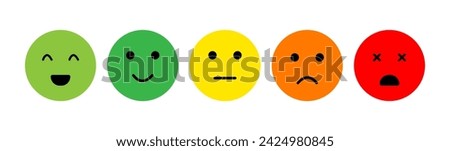 set of colored rating emoticons, (Very happy-excellent, happy-good, neutral, sad-bad, very sad-very bad emojis) Vector design elements set eps 10. Isolated
