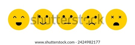 set of yellow rating emoticons, (Very happy-excellent, happy-good, neutral, sad-bad, very sad-very bad emojis) Vector design elements set eps 10. Isolated