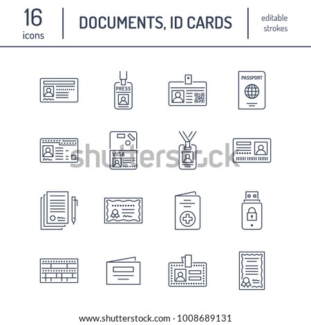 Documents, identity vector flat line icons. ID cards, passport, press access student pass, visa, migration certificate, token, legal contract illustration. Notarial office signs.