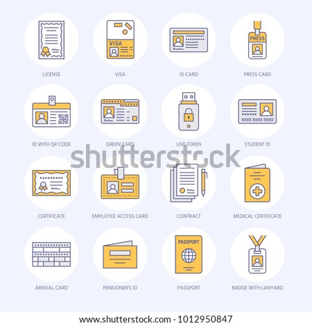 Documents, identity vector flat line icons. ID cards, passport, press access student pass, visa, migration certificate, token, legal contract illustration. Notarial office signs.