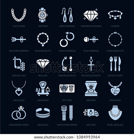 Jewelry flat glyph icons, jewellery store signs. Jewels accessories - gold engagement rings, gem earrings, silver chain, necklaces, brilliants. Solid silhouette pixel perfect 64x64.