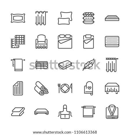 Bedding flat line icons. Orthopedics mattresses, bedroom linen, pillows, sheets set, blanket and duvet illustrations. Thin signs for interior store. Pixel perfect 48x48.