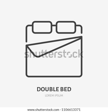 Double bed flat line icon. Bedding sign. Thin linear logo for interior store.