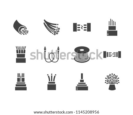 Optical fiber flat glyph icons. Network connection, computer wire, cable bobbin, data transfer. Signs for electronics store, internet services. Solid silhouette pixel perfect 64x64. Foto d'archivio © 