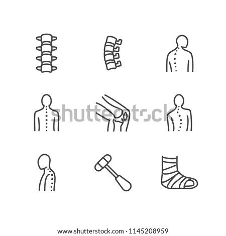 Spine, backbone line icons. Orthopedics clinic, medical rehab, back trauma, broken bone, posture correction, scoliosis. Health care thin linear hospital signs. Pixel perfect 64x64. Editable Strokes