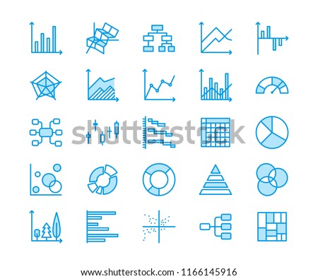 Chart types flat line icons. Linear graph, column, pie donut diagram, financial report illustrations, infographic. Thin signs business statistic, data analysis. Pixel perfect 64x64. Editable Strokes.