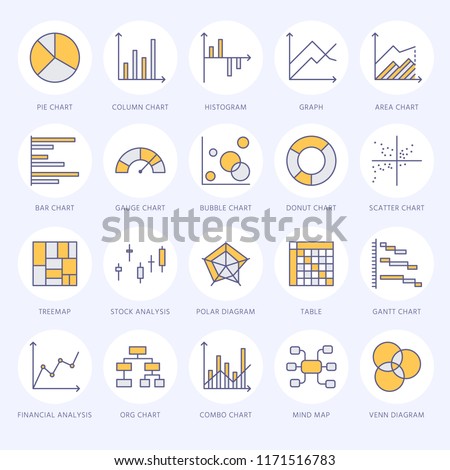 Chart types flat line icons. Linear graph, column, pie donut diagram, financial report illustrations, infographic. Thin signs for business statistic, data analysis.