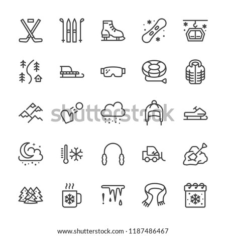 Winter sports line icons. Cold weather outdoor activities - skiing, hockey, snowboard, snowball game, snow removal vector illustrations. Signs for equipment store. Pixel perfect 64x64 Editable Strokes