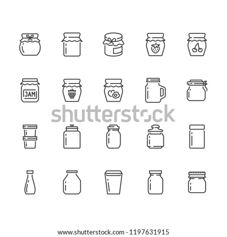 Bottle of jam flat line icons. Glass packaging for fruit confiture, raspberry strawberry jelly container vector illustrations. Thin signs for sweet food store. Pixel perfect 64x64. Editable Strokes.
