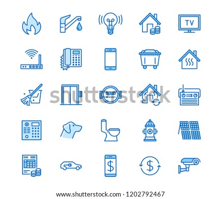 Public utilities flat line icons. Rent receipt, electricity water, gas, house heating, CCTV, overhaul, garbage vector illustrations. Thin signs utility invoice. Pixel perfect 64x64 Editable Strokes