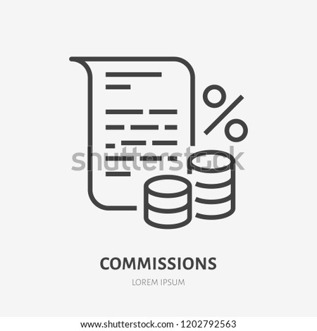 Deposit interest flat line icon, credit, loan commission. Thin linear logo for financial services, cashback payment, tax fee, invoice with money and percent sign vector illustration.