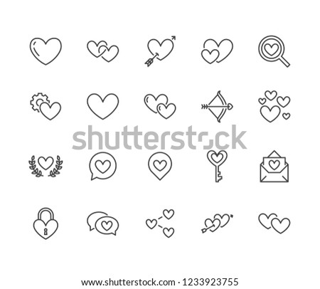 Heart flat line icons set. Love, dating site vector illustrations - two hearts shape, romantic date, private message, match. Thin signs for like, charity, wedding. Pixel perfect 64x64. Editable Stroke