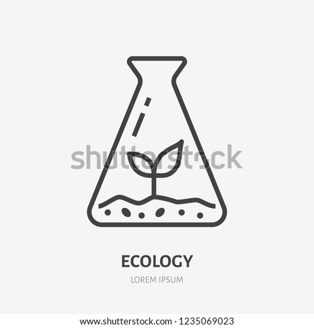 Beaker with plant sprout flat line icon. Vector thin sign of environment protection, ecology research logo. Agriculture illustration.
