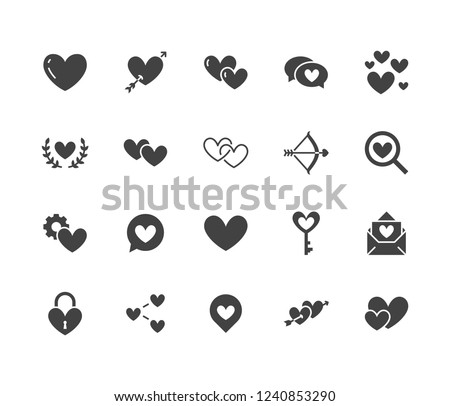 Heart flat glyph icons set. Love, dating site vector illustrations - two hearts shape, romantic date, private message, match. Signs for like, charity, wedding. Solid silhouette pixel perfect 64x64.