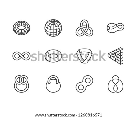 Geometric shapes flat line icons set. Topology figures sphere, torus, mobius strip, klein bottle vector illustrations. Thin signs for education, impossible object. Pixel perfect 64x64. Editable Stroke