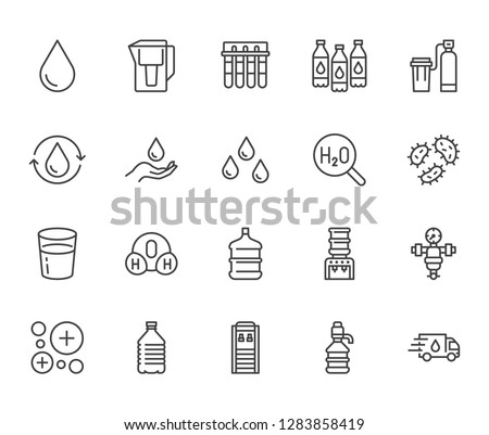 Water drop flat line icons set. Aqua filter, softener, ionization, disinfection, glass vector illustrations. Thin signs for bottle delivery. Pixel perfect 64x64. Editable Strokes.