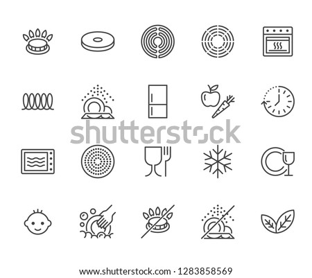 Utensil flat line icons set. Gas burner, induction stove, ceramic hob, non-stick coating, microwave, dishwasher vector illustrations. Thin signs for pan, dishes. Pixel perfect 64x64. Editable Strokes.