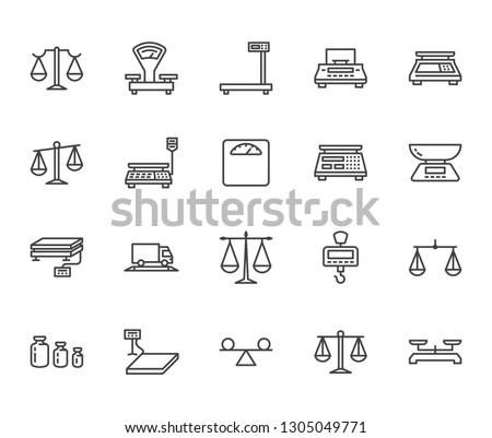 Balance flat line icons set. Weight measurement tools, diet scales, trade, electronic, industrial scale calibration vector illustrations. Thin sign justice concept. Pixel perfect 64x64 Editable Stroke