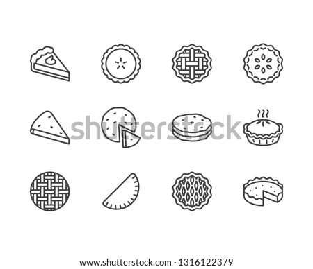 Pie flat line icons set. Ossetian, cherry, apple, pumpkin pies, casserole, pita vector illustrations. Thin signs for bakery. Pixel perfect 64x64. Editable Strokes.
