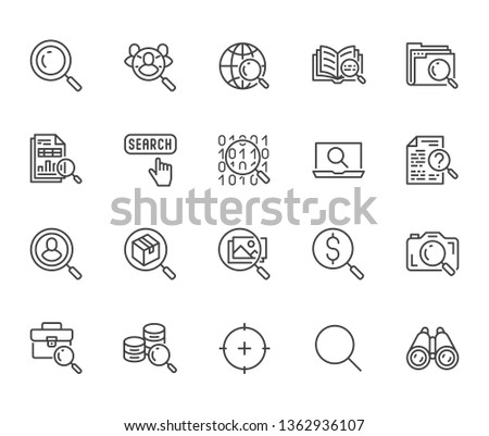 Data search flat line icons set. Magnify glass, find people, image zoom, database exploration, analysis vector illustrations. Thin signs for web engine. Pixel perfect 64x64. Editable Strokes.