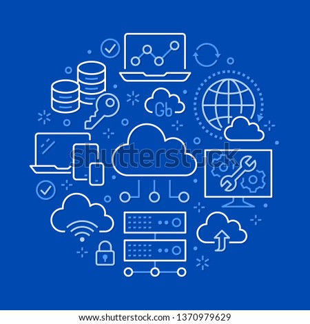Cloud data storage circle poster with line icons. Database background, information, server center, global network, backup, security vector illustrations. Technology blue white template.