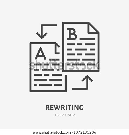 Text rewriting flat line icon. Translation, illustration of article spellchecking. Thin sign of documents editing, copywriter logo.