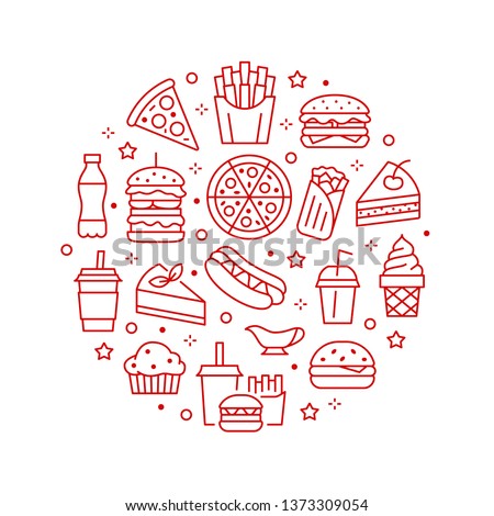 Fast food circle illustration with flat line icons. Thin vector signs for restaurant menu poster - burger, french fries, soda, pizza, hot dog, cheesecake, coffee, ice cream. Junk food concept.