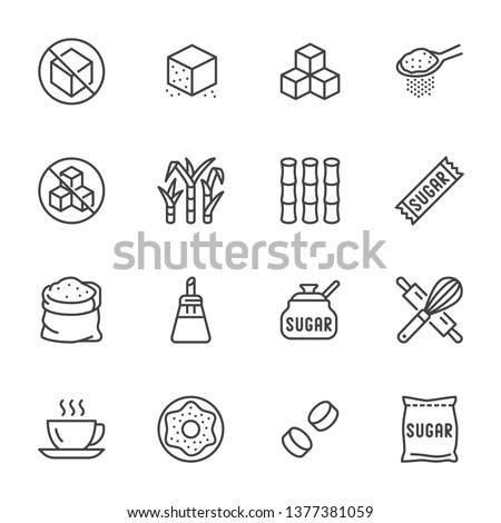 Sugar cane, cube flat line icons set. Sweetener, stevia, bakery products vector illustrations. Outline signs for sugarless food. Pixel perfect 64x64. Editable Strokes.