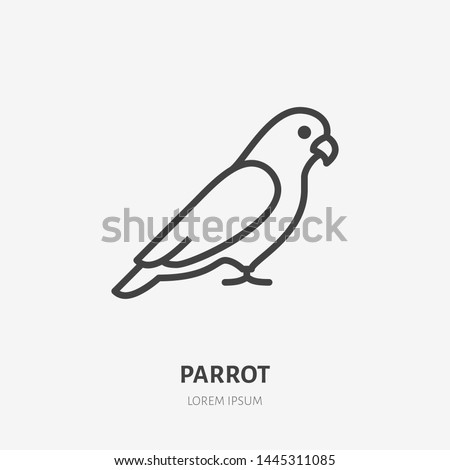 Sitting parrot flat line icon. Vector thin sign of cute bird, animal logo. Pet shop outline illustration.