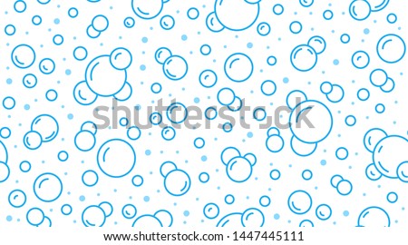 Bubbles vector seamless pattern with flat line icons. Blue white color soap texture. Fizzy water background, abstract effervescent effect wallpaper.