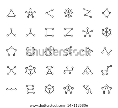 Abstract geometrical flat icons set. Circles connected with lines shapes, variety concept, topology network vector illustrations. Outline signs website category. Editable Strokes.