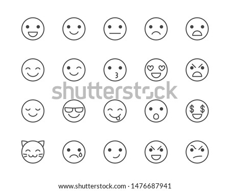 Emotions flat line icons set. Happy face, sad, anger, smile, facial expression emoticon vector illustrations. Outline signs for customer experience feedback. Pixel perfect. Editable Strokes.