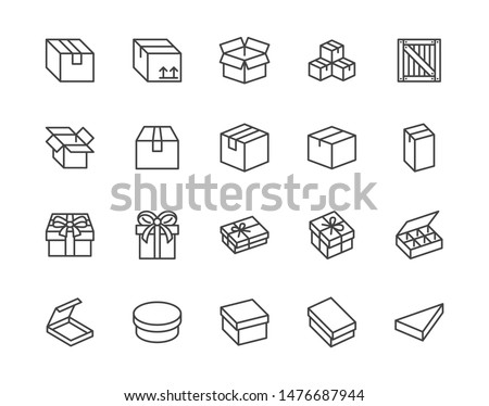 Box flat line icon set. Carton, wood boxes, product package, gift vector illustrations. Simple outline signs for delivery service. Pixel perfect. Editable Strokes.